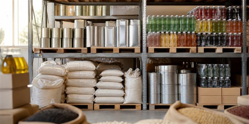 Rayonnage de grossiste : bidons d'huile, conserves et sacs d'épices