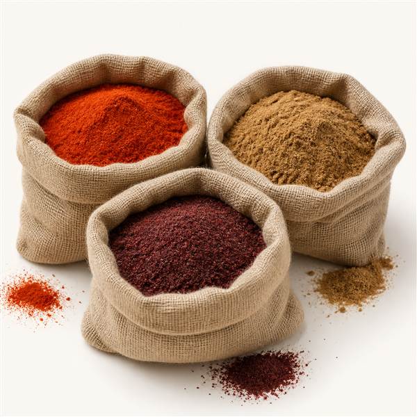 Sacs de toile ouverts d&rsquo;épices orientales : paprika, cumin et sumac