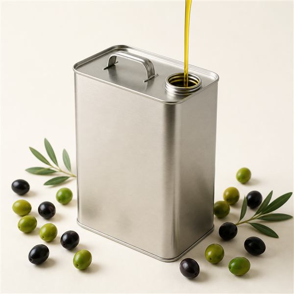 Bidon de cinq litres d&rsquo;huile d&rsquo;olive vierge extra entouré d&rsquo;olives