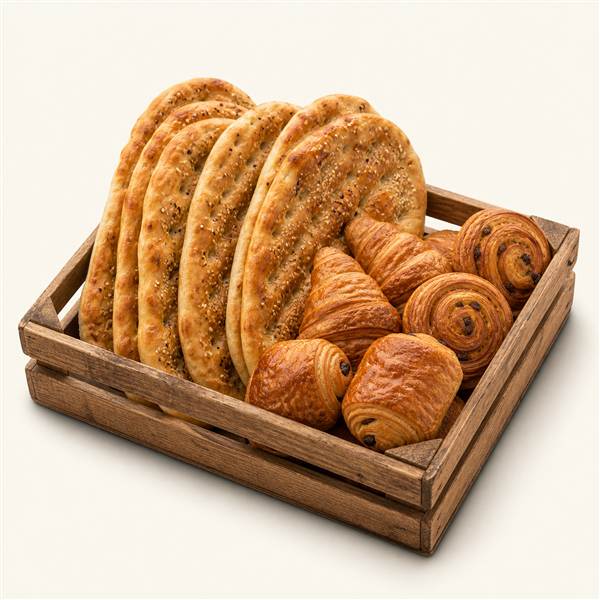Pains plats et viennoiseries dorées en cagette