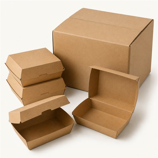 Pile de boîtes repas kraft à emporter et leur carton