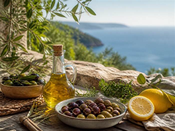 Nature morte méditerranéenne : olives, huile d'olive, citrons et herbes